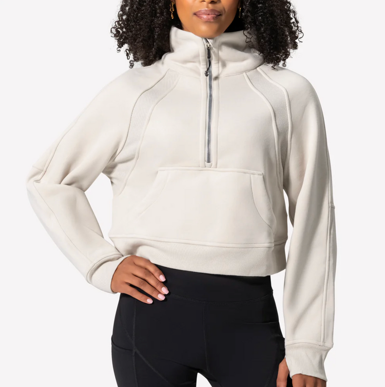 Hoodie - Half Zip Pullover Ecru/Silver